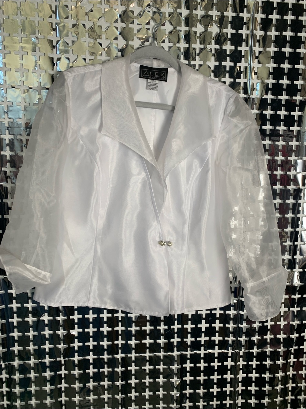 Alex Evenings White Satin Jacket with Sheer Organza Sleeves